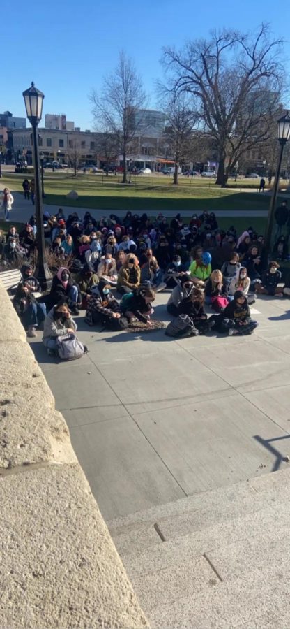 Image of the crowd during the City High walkout at the Pentacrest