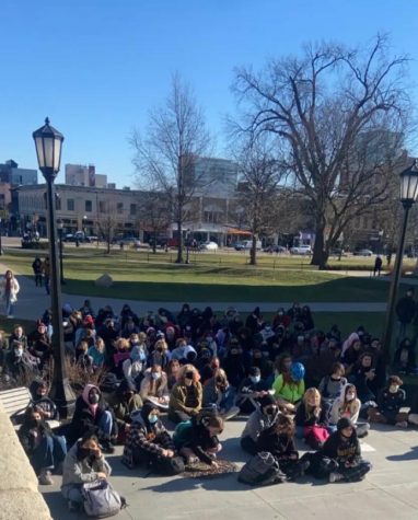 Image of the crowd during the City High walkout at the Pentacrest