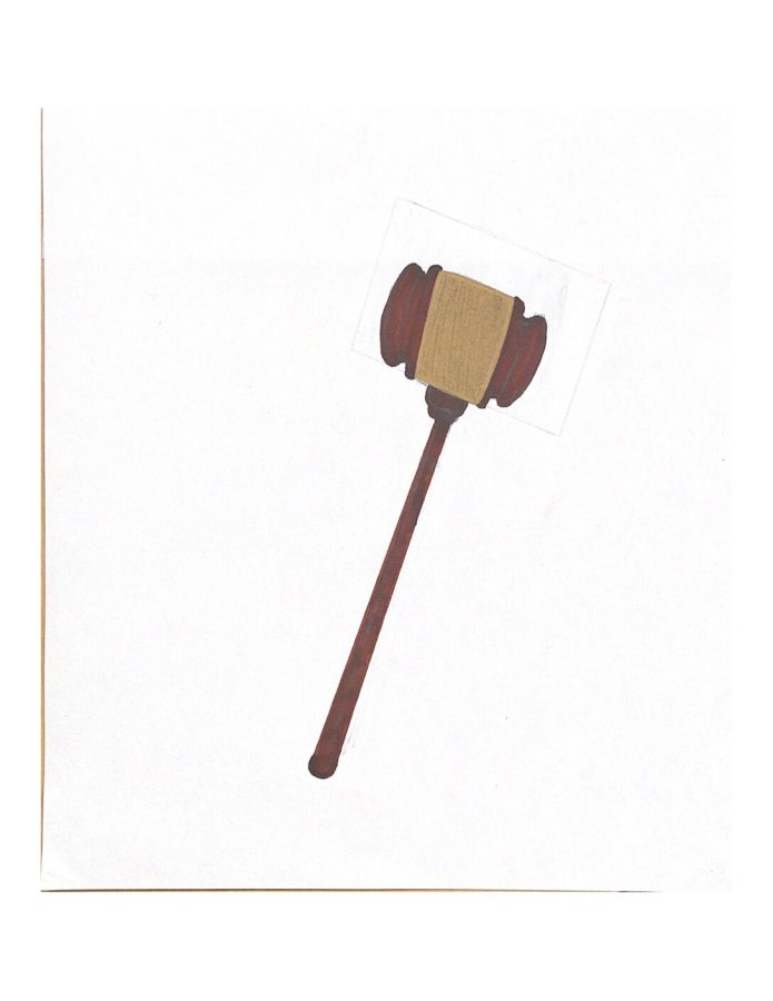A drawing of a gabel. the hammer that judges use to gain the attention of a court room.
